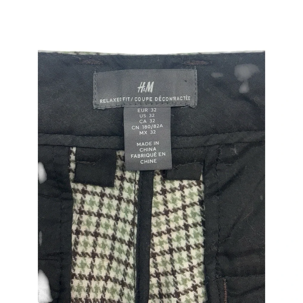 H&M 32x30 Green Brown‎ White Houndstooth Tweed Dress Pants Trouser Wool Pleated